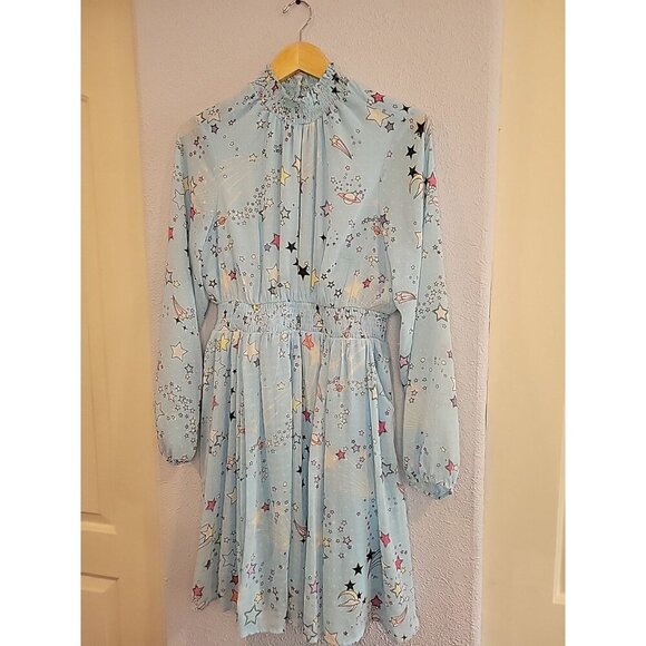 TORRID Mini Clipdot Blouson Sleeve Mock Neck Skater Dress Size 00 Baby Blue Star - Picture 2 of 8